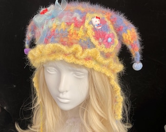 Rainbow Gradient Jester Hat | Handmade Colorful Clowncore Festival Hat, Unique Y2K Rave Pixie Hood, Instagram Aesthetic Gift