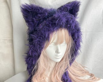 Capucha de zorro morado / Gorro con capucha y orejas de zorro hecho a mano / Capucha de invierno de fantasía acogedora