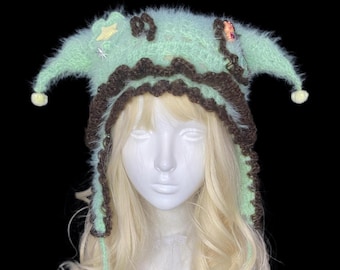 Mint Green Jester Hood | Handmade Crochet Fairycore Pixie Hat, Forestcore Cottagecore Elf Bonnet, Sweet Festival Hood