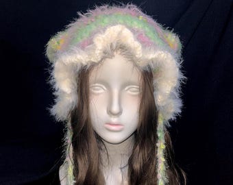 Handmade Crochet Cat Ear Beanie – Rainbow Wavy Brim, Kawaii Fairycore Hat