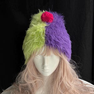 Mardi Gras Jester Beanie – Purple & Green Faux Fur Pom Pom Bonnet