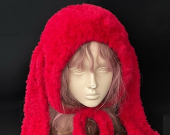 Handmade Red Crochet Bunny Ear Hat: Fluffy Kawaii Beanie