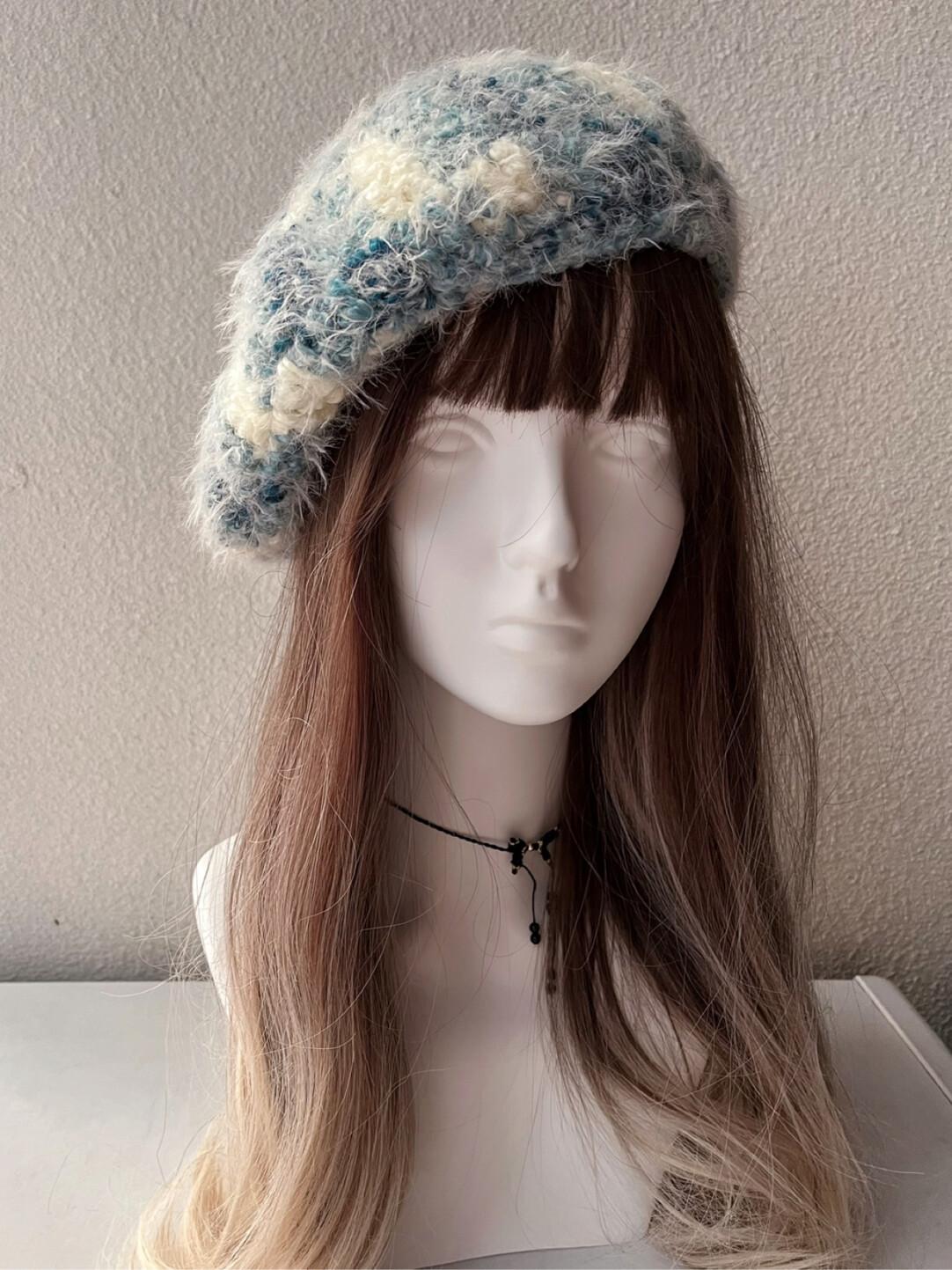 Handmade Crocheted Blue Beret with Pom-Pom Tassels Handmade Crochet Beret Slouch Round Warm Gray Purple Teal P2  main image 3