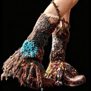 Y2K patchwork gehaakte beenwarmers met franjes | Handgemaakte Boho Vagabond Festival-overschoenen