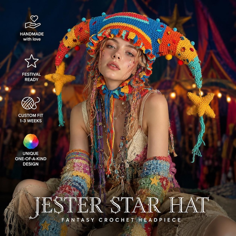 Pode incluir: Um chap&eacute;u de bobo da corte em croch&ecirc; multicolorido com duas pontas longas e curvas adornadas com borlas amarelas em forma de estrela, pequenos pompons e lantejoulas coloridas. O chap&eacute;u tem uma aba franzida, fios pendentes e la&ccedil;os.