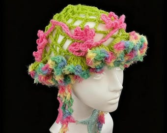 Rose Garden Hollow Crochet Beanie | Colorful Boho Festival Hat Fairycore Hippie Knit Cap