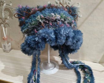 Gorro de orejas de gato azul marino con estampado pictórico / Gorro de ganchillo indie artístico