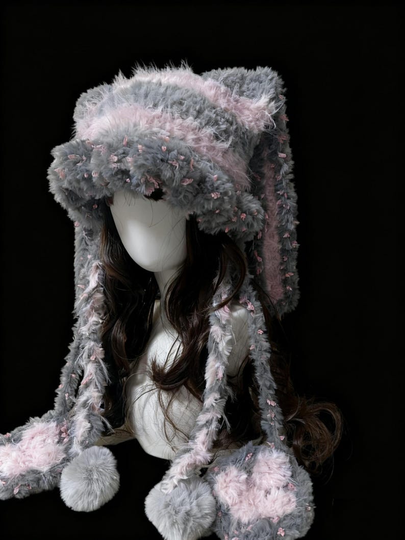 Handmade Crochet Bunny Ear Hat | Kawaii Cat Paw Tassels, Winter Hood - Etsy
