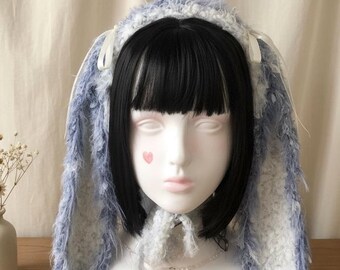 Diadema con orejas de conejo hecha a mano para disfraz de Halloween: accesorio para el cabello Lolita, orejas de conejo flexibles kawaii, lindo tocado de cosplay pastel para niñas, azul