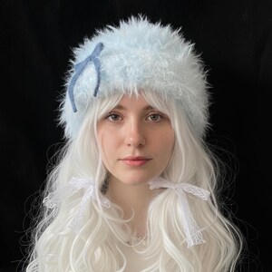 Handmade Kawaii Fuzzy Hood – Lolita Cosplay Headwear Blue Long Ear Fluffy Winter Hat，Cute Warm Beanie with Bow，Costume Accessory Blend