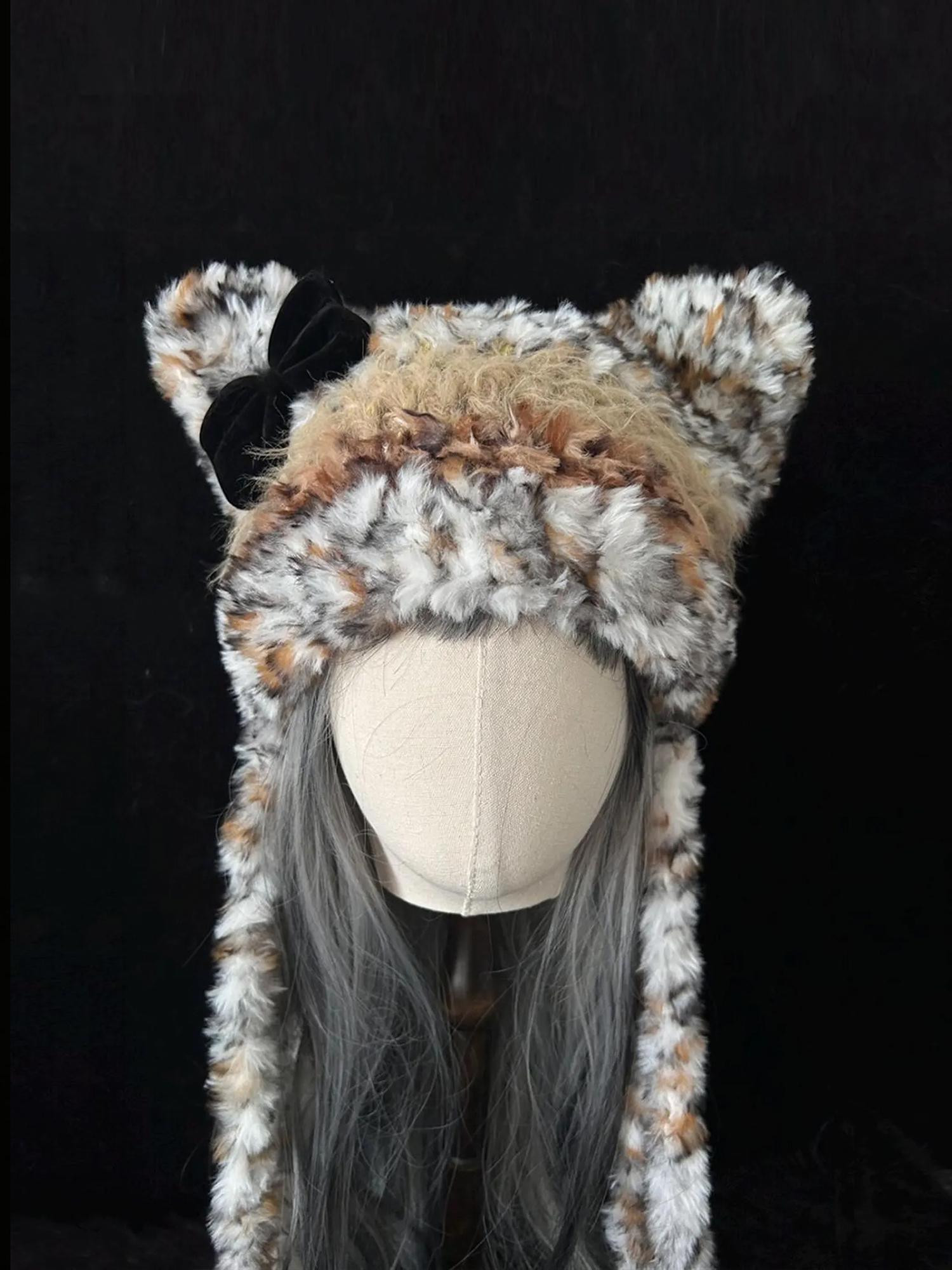 Handmade Leopard Print Faux Fur Cat Ear Hat – Y2K Winter 