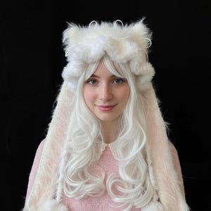 Handmade Kawaii Cat Ear Hood Long Ear Fuzzy Hat Fluffy Lolita Anime Cosplay Beanie Cute Winter Warm Fairy Kei Hood for Rave Festival Outfit