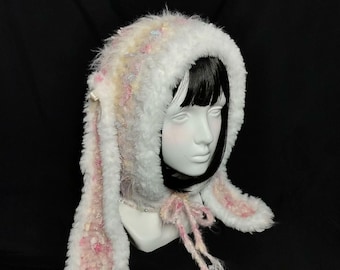 Handmade Crochet Bunny Ear Hood: Fluffy Y2K Kawaii Cosplay