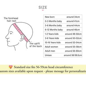 Pode incluir: Uma ilustra&ccedil;&atilde;o de tabela de tamanhos mostrando o perfil de uma cabe&ccedil;a com uma fita m&eacute;trica rosa da raiz do cabelo na testa at&eacute; a parte de tr&aacute;s. Uma tabela lista as medidas da circunfer&ecirc;ncia da cabe&ccedil;a em cm para v&aacute;rias idades e g&ecirc;neros.