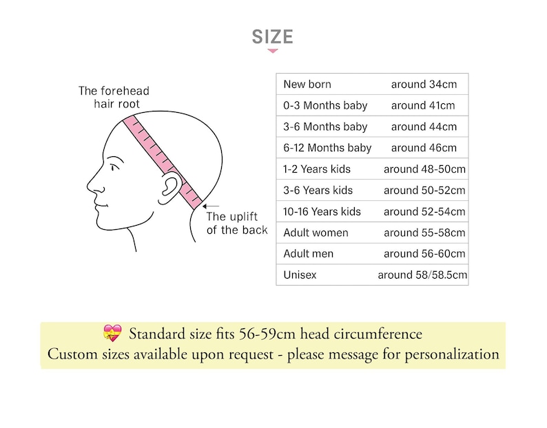 Pode incluir: Uma ilustra&ccedil;&atilde;o de tabela de tamanhos mostrando o perfil de uma cabe&ccedil;a com uma fita m&eacute;trica rosa da raiz do cabelo na testa at&eacute; a parte de tr&aacute;s. Uma tabela lista as medidas da circunfer&ecirc;ncia da cabe&ccedil;a em cm para v&aacute;rias idades e g&ecirc;neros.