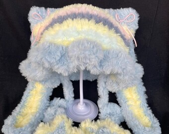 Gorro de ganchillo con orejas de conejo/gato hecho a mano/gorro kawaii con borde de medusa