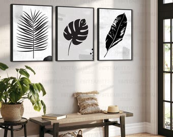 Conjunto de 3 estampas de folhas tropicais | Decoração botânica de parede | Folha de bananeira, palmeira Monstera | Imprimível