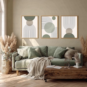 Boho saliegroen set van 3 digitale muurkunst | Geometrische lijntekeningen | Minimalistisch galerijdecor uit het midden van de eeuw | Afdrukbare abstracte muurkunst