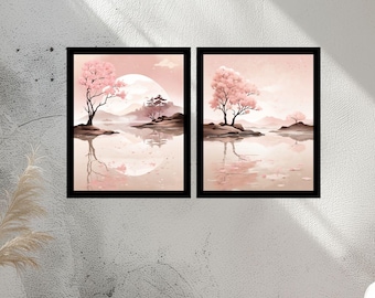 桜の木の風景画アートプリント：日本の禅風装飾（2枚セット）（デジタルダウンロード）