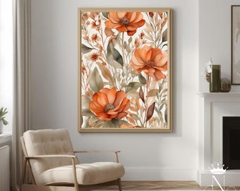 May include: A framed watercolor print featuring large orange flowers with green and brown foliage against a white background. The artwork is in a light brown wooden frame, suitable for home decor.