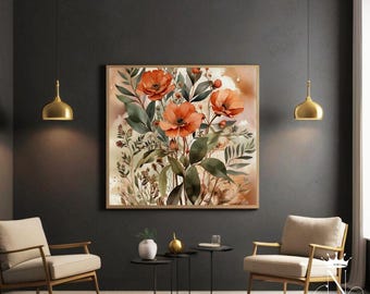 Boho artwork Flower Painting |  Burnt Orange Botanical Print Sage Green leaf | Mid Century Neutral Earth Tone Decor. digital download.