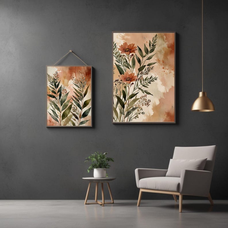 Boho Flower Set Botanical Wall Art Prints – Set of 2 in Earthy Tones ...