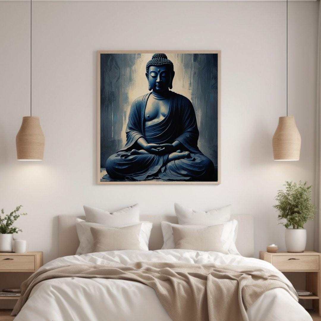 Buddha Wall Art Printable – Dark Zen Meditation Poster in Blue & Gold ...