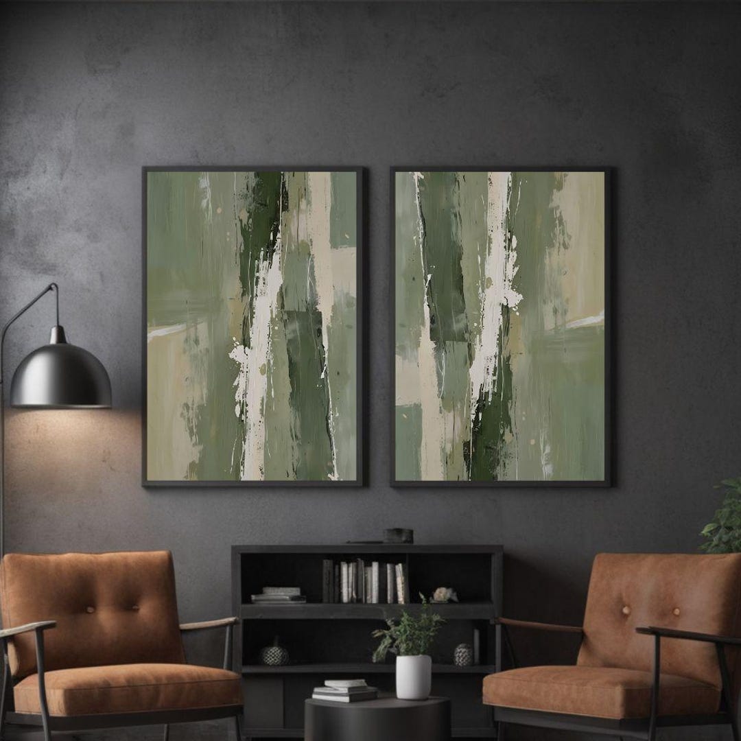 Sage Green Abstract Wall Art Set of 2, Digital Canvas Prints, in Earth ...
