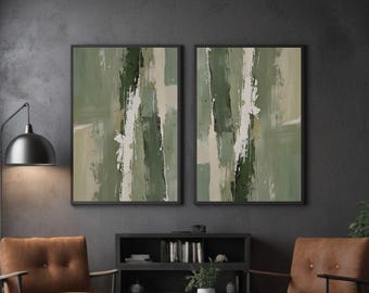 Conjunto de 2 láminas abstractas en lienzo, color verde salvia, en tonos tierra. Decoración minimalista para el hogar.