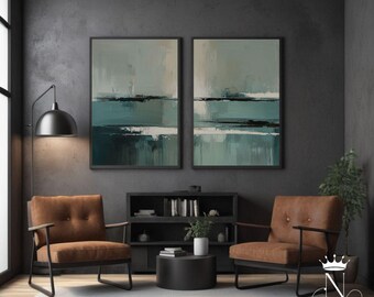 Large Sage Green Abstract Seascape Print Set | Minimal Textured Diptych Canvas | Scandinavian Wabi Sabi Wall Art Framed in Oak