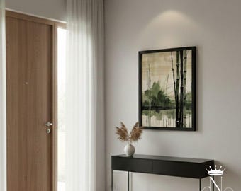 Wabi Sabi Ink Painting Poster | Neutral Tone Bamboo Wall Art | Sumi-e Zen Landscape Print | Minimalist Japanese Decor Framed Look