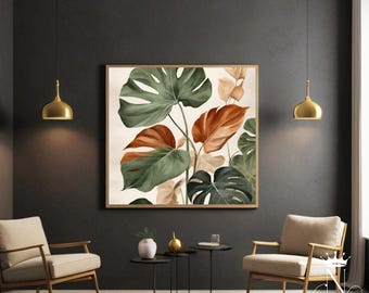 Könnte beinhalten: Ein gerahmter botanischer Druck mit großen grünen und rostfarbenen Monstera-Blättern. Das Kunstwerk wird an einer dunkelgrauen Wand ausgestellt, mit zwei goldenen Pendelleuchten und zwei beigefarbenen Sesseln im Vordergrund. Das Thema ist moderne Wohnkultur.