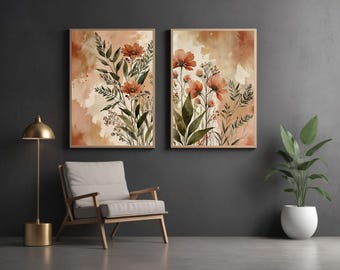 boho artwork wall art Set of 2  Terracotta flower Sage Green Watercolor Painting | printable in Many Sizes