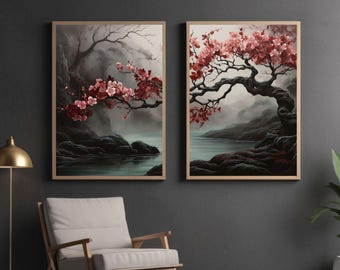 Japanisches Kunstwerk launisches Kirschblüten Diptychon Wandkunst | Wabi Sabi Stil über Bett Dekor