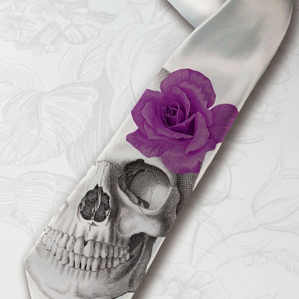 Men's gothic wedding necktie. Dia de los muertos necktie with purple rose. Horror skeleton hipster necktie. Halloween party gray necktie.