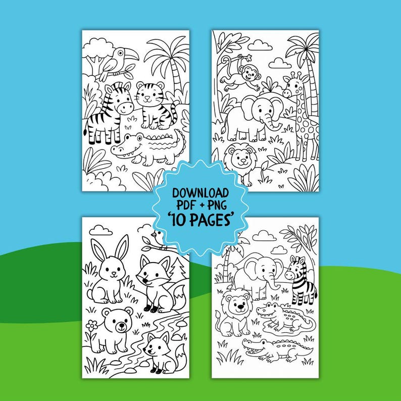 Cute Jungle Animal Coloring Pages for Kids | Printable Animal Drawing ...