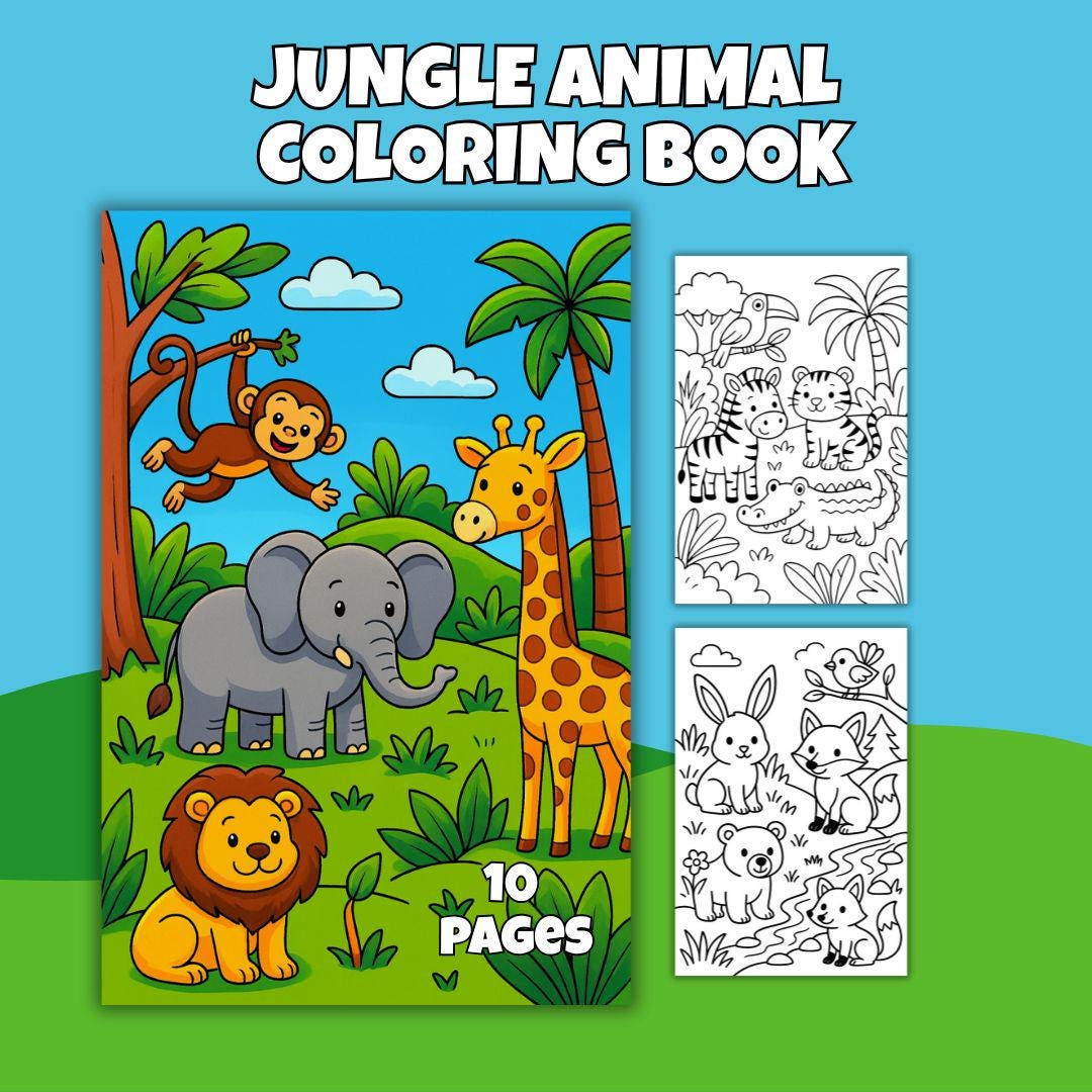 Cute Jungle Animal Coloring Pages for Kids | Printable Animal Drawing ...