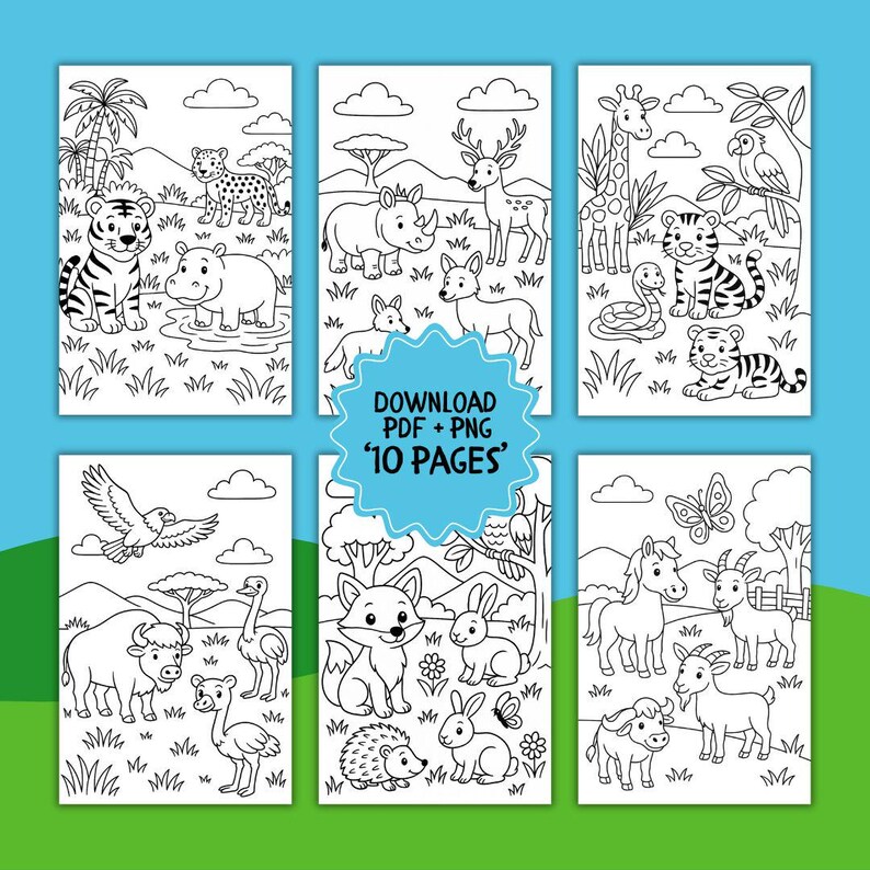 Cute Jungle Animal Coloring Pages for Kids | Printable Animal Drawing ...