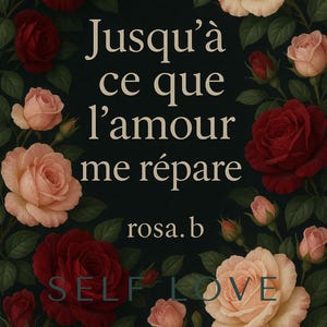 May include: A dark floral design with red, pink, and cream roses. The text "Jusqu'à ce que l'amour me répare" is displayed in white, along with "rosa.b" and "SELF LOVE".