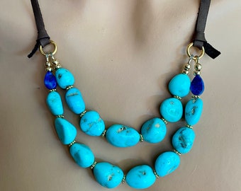 Sleeping Beauty Turquoise Bib Necklace, Turquoise and Leather Necklace