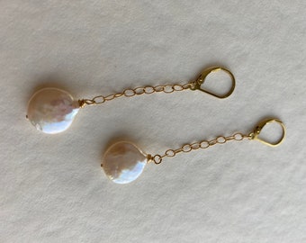 Long Coin Pearl Earrings, Pearl Drop Earrings