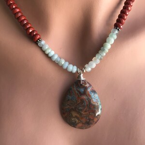 Fire and Ice Crazy Lace Agate Pendant Necklace, Poppy Jasper and Aquamarine Necklace