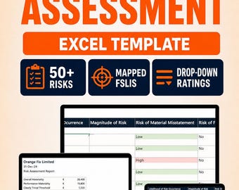 May include: An AuditFix Audit Risk Assessment Excel template digital product display featuring dark blue and orange text. The graphic shows a laptop and tablet screen displaying financial risk assessment tables with drop-down ratings and columns.