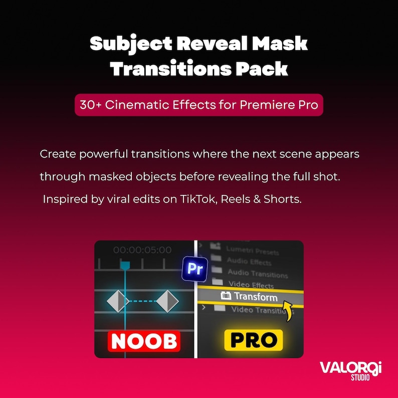 Op de afbeelding: Een afbeelding die een "Subject Reveal Mask Transitions Pack" voor Premiere Pro promoot, met meer dan 30 filmische effecten. De afbeelding bevat een screenshot van de software-interface, met de labels "NOOB" en "PRO", en het Valorqi Studio-logo.