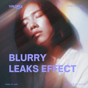Puede incluir: Imagen borrosa con una persona con los ojos cerrados, superpuesta con el texto "BLURRY LEAKS EFFECT" en morado. La imagen también incluye el texto "VALORQI STUDIO", "smart objects", "easy to use" y "vertical & horizontal".