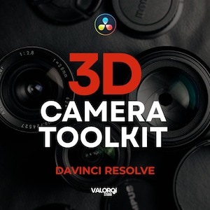 Puede incluir: Imagen de lentes de cámara con el texto "3D CAMERA TOOLKIT" en blanco y rojo. Debajo, el texto "DAVINCI RESOLVE" está en rojo. El logotipo de DaVinci Resolve está en la esquina superior izquierda. La parte inferior de la imagen tiene el texto "VALORGI STUDIO".