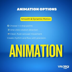 May include: A blue graphic with white text reading "ANIMATION OPTIONS". A yellow box highlights "Smooth & Dynamic Motion". Other text includes "Choose 1-4 stop points", "One-click rotation direction", and "Clean, fluid carousel movement". The word "ANIMATION" is in large yellow letters.