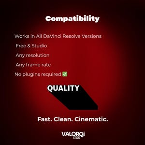 Pu&ograve; includere: Grafica rossa con testo bianco che descrive la compatibilit&agrave; con le versioni di DaVinci Resolve, la risoluzione e i frame rate. Le parole "Compatibilit&agrave;" e "QUALIT&Agrave;" sono in evidenza. La grafica indica anche "Veloce. Pulito. Cinematografico." e presenta il logo Valorqi Studio.