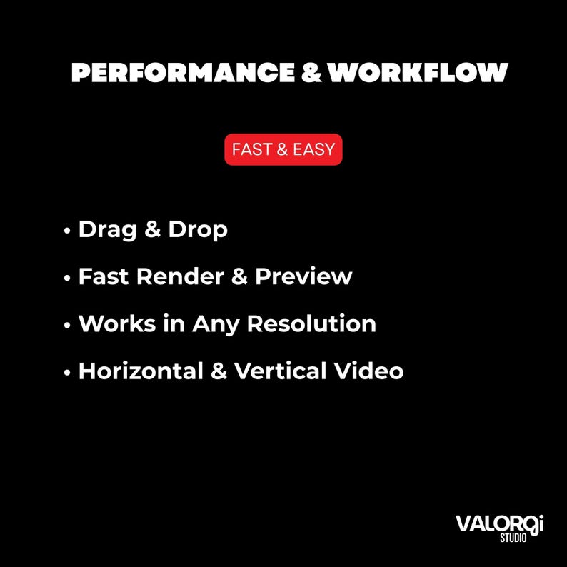 Puede incluir: Fondo negro con texto blanco que promociona "PERFORMANCE & WORKFLOW". Incluye "Drag & Drop", "Fast Render & Preview", "Works in Any Resolution" y "Horizontal & Vertical Video". Un rect&aacute;ngulo rojo dice "FAST & EASY".