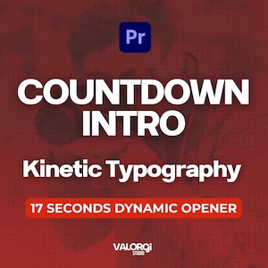 Pode incluir: Gráfico com o texto "COUNTDOWN INTRO" em letras brancas grandes, com "Kinetic Typography" abaixo. Uma faixa vermelha diz "17 SECONDS DYNAMIC OPENER". O logotipo do Adobe Premiere Pro está no canto superior esquerdo. O fundo é um gradiente vermelho.